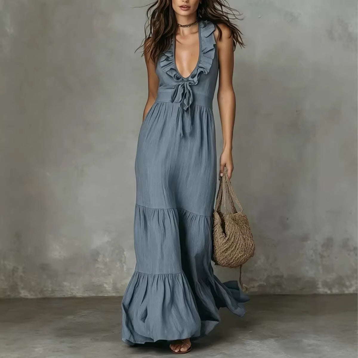 Robe longue lin coton col V sans manches