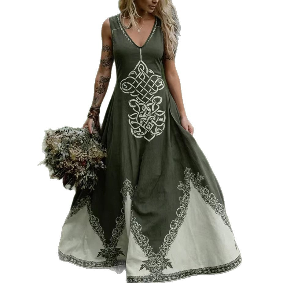 Robe longue bohème à imprimé artistique et encolure V