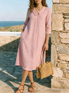 Robe lin col chemise oversize - Coupe décontractée