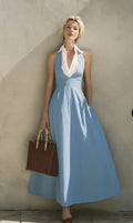 Robe longue bleu ciel, encolure drapée et taille cintrée