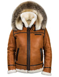 Blouson aviateur en cuir marron avec capuche en fourrure, doublure en laine, poches zippées, style vintage. Veste hiver homme tendance et chaude.