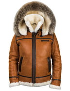 Blouson aviateur en cuir marron avec capuche en fourrure, doublure en laine, poches zippées, style vintage. Veste hiver homme tendance et chaude.