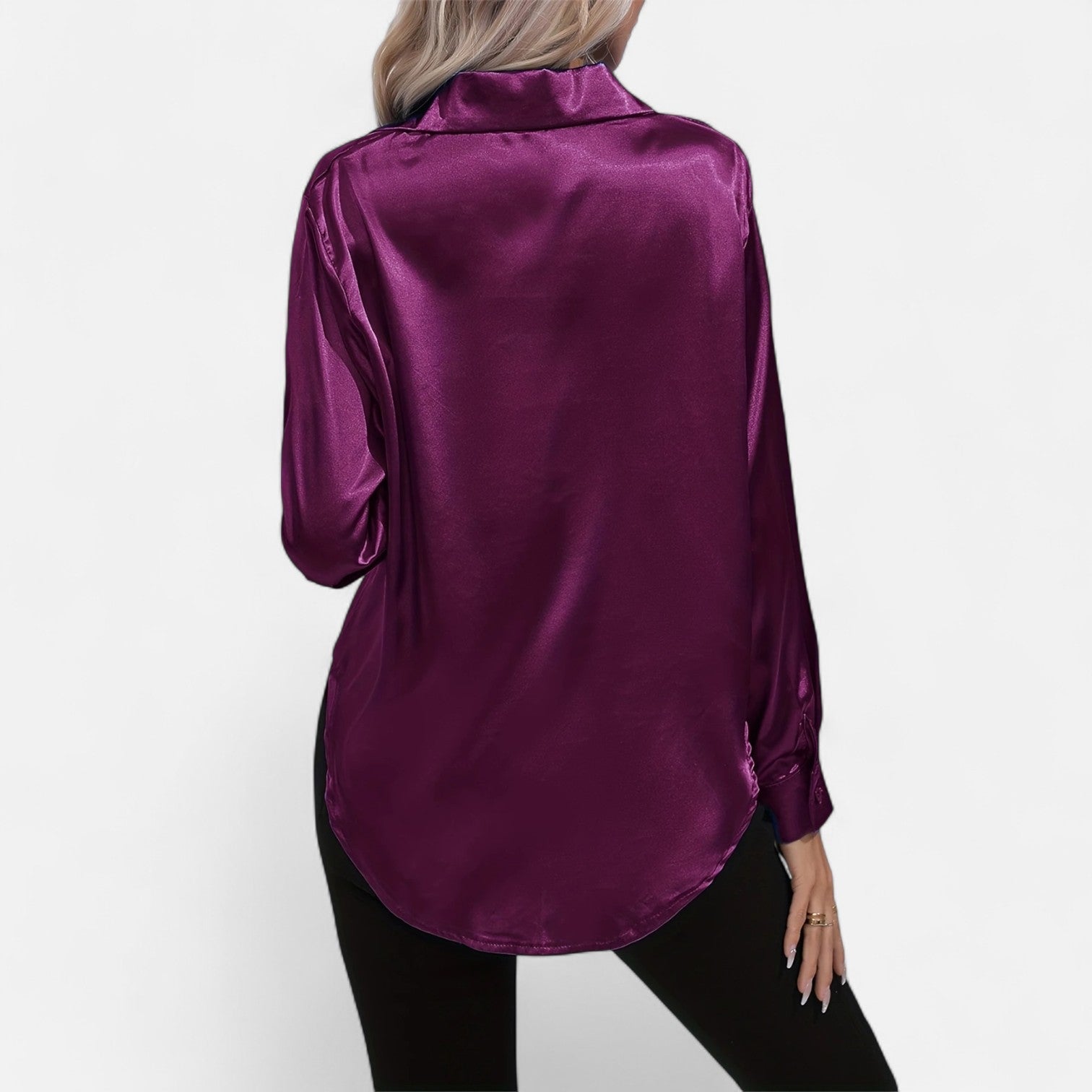 Chemisier boutonné en satin pour femme – Chemise classique à manches longues et revers