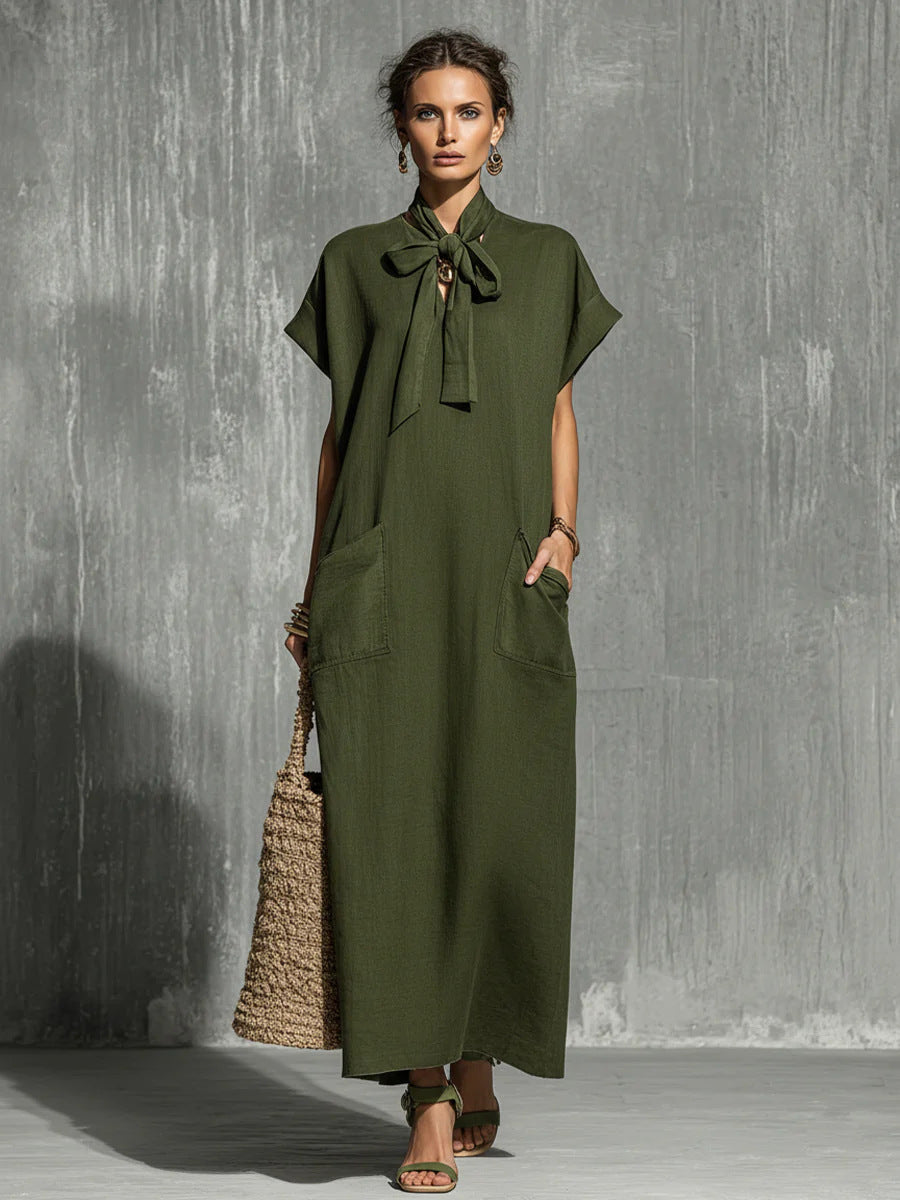 Robe longue vert militaire lin-coton à ceinture