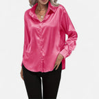 Chemisier boutonné en satin pour femme – Chemise classique à manches longues et revers