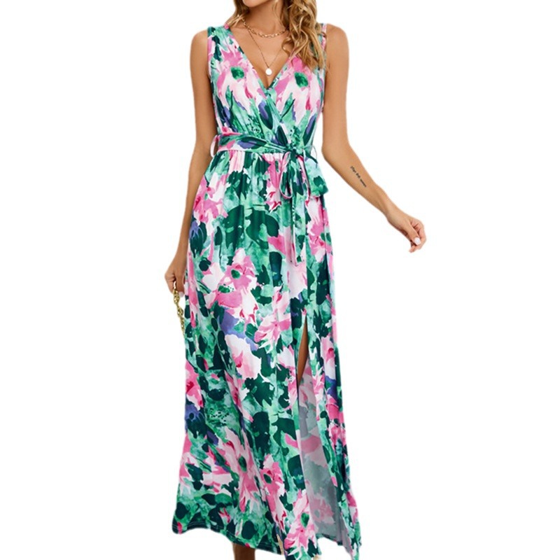 Boho floral print maxi dress, V-neck