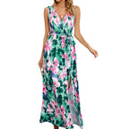 Boho floral print maxi dress, V-neck