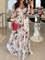 Printed long dress, V-neck, and tie belt
