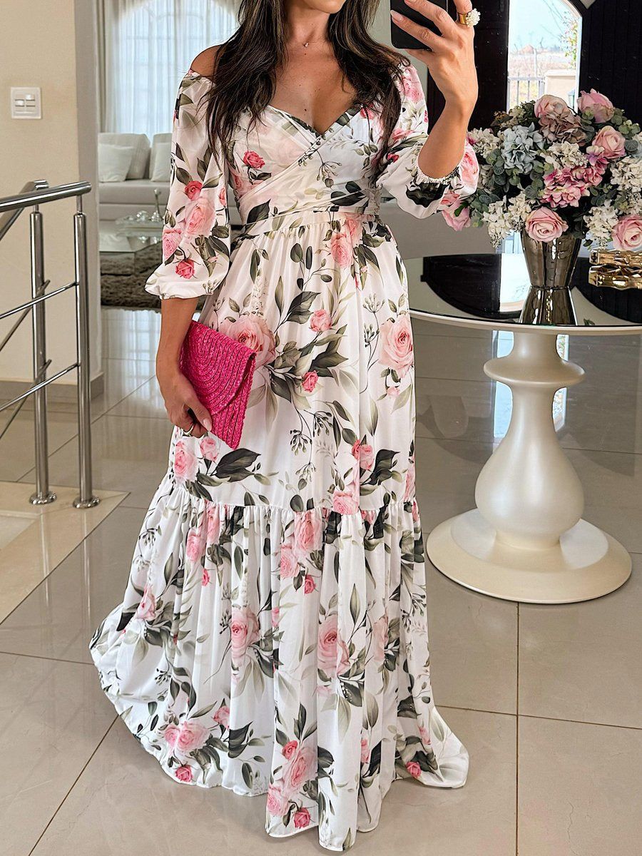 Printed long dress, V-neck, and tie belt
