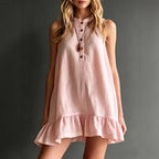 Robe midi col montant lin-coton à volant