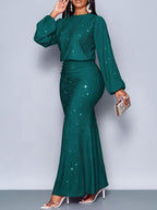 Long-sleeved sequined evening maxi dress