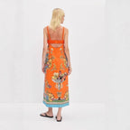 Robe longue lin imprimé, taille souple et volants