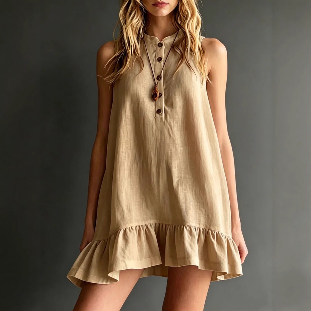 Robe midi col montant lin-coton à volant