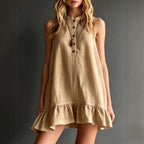 Robe midi col montant lin-coton à volant