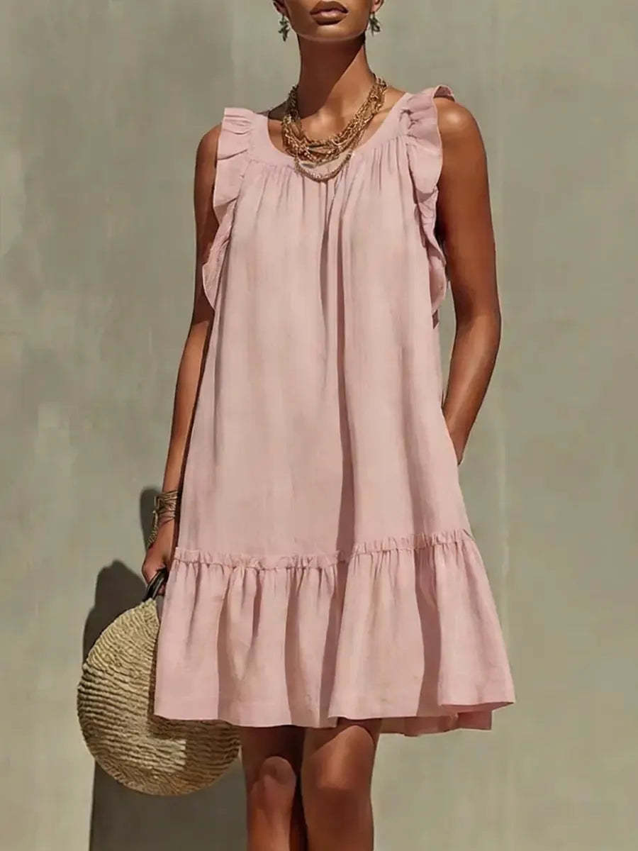 Robe droite sans manches, col rond et volants