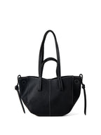 Sac à main noir en cuir avec coutures blanches, poignées doubles et nœuds latéraux. Accessoire mode élégant et tendance pour femme.