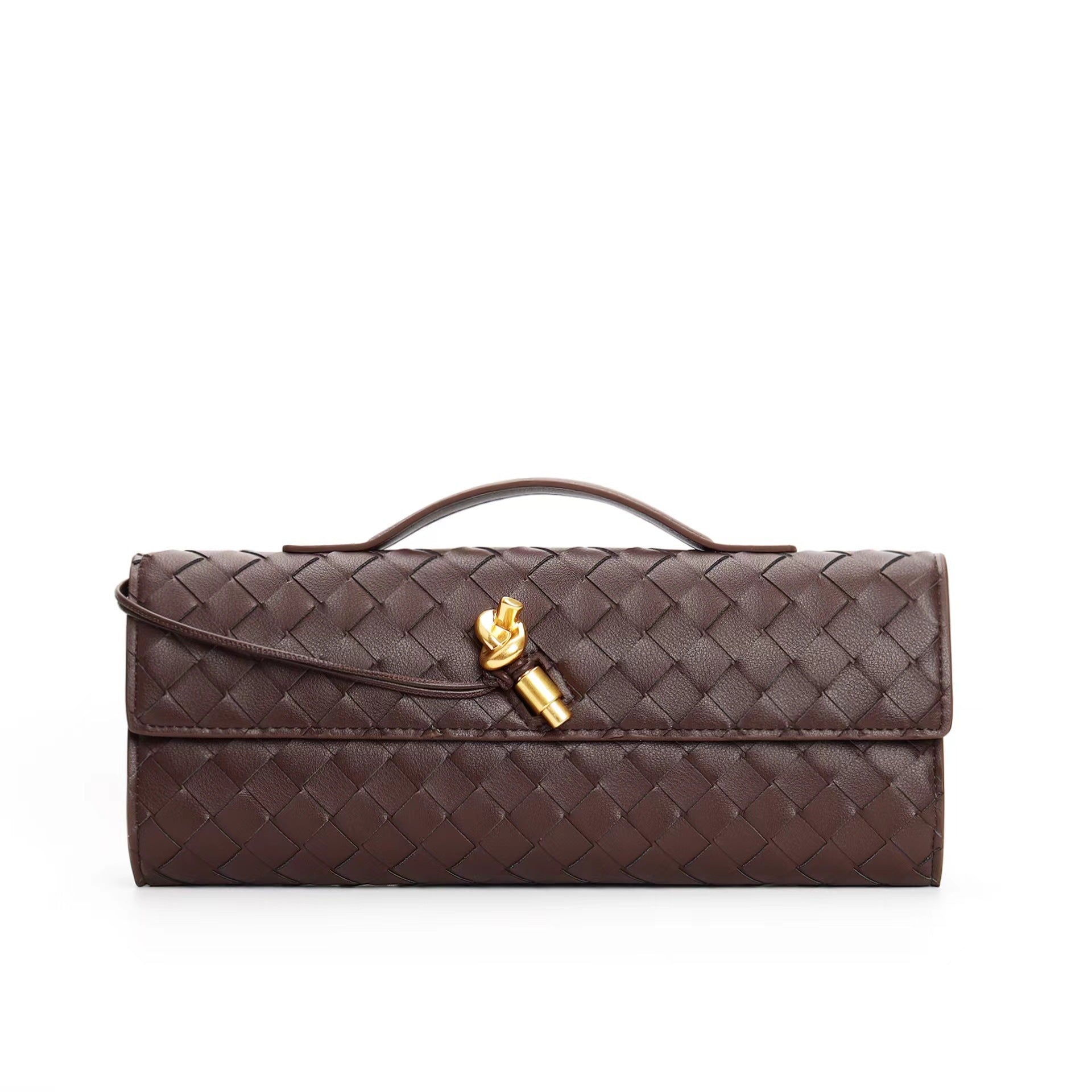Sac à main en cuir marron tressé avec poignée et fermoir doré, design élégant et moderne, accessoire de mode tendance pour femmes.