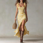 Asymmetric high-waisted ruffled maxi dress