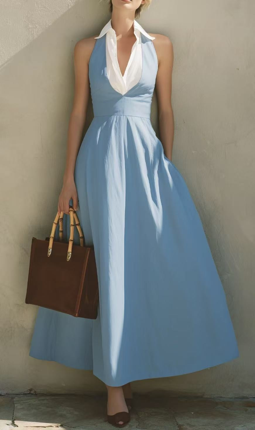 Robe longue bleu ciel, encolure drapée et taille cintrée