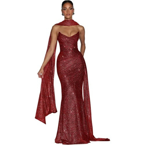 Sequin evening dress with side slit