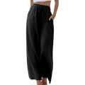Pantalon large noir femme, taille haute, avec poches, style décontracté, idéal pour l'été. Mode féminine, confort et élégance.
