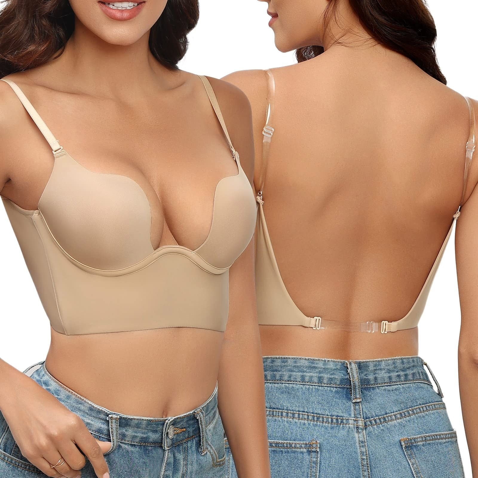 Soutien-gorge push-up beige sans dos, bretelles ajustables, porté par une femme en jean. Lingerie féminine élégante et confortable.