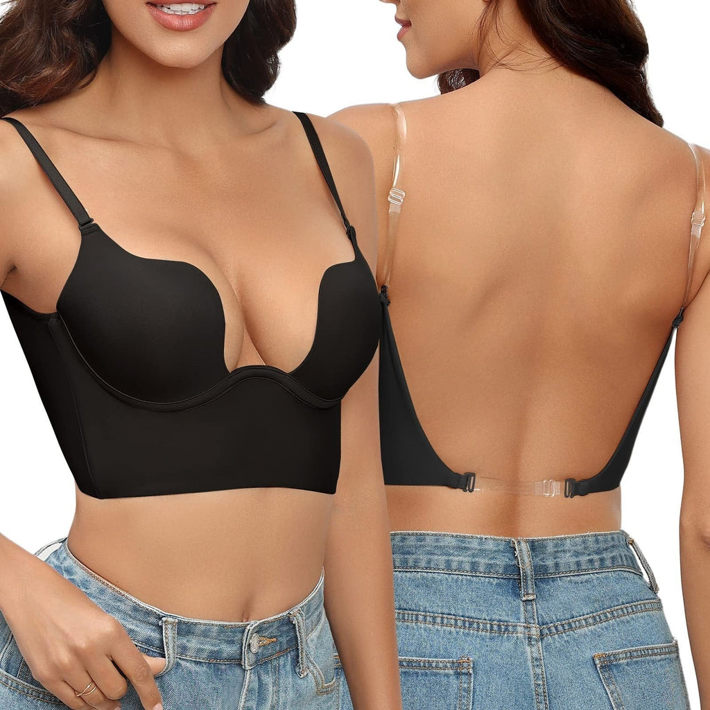 Soutien-gorge noir sans bretelles visibles, dos nu, avec armatures, porté par une femme en jean. Lingerie féminine élégante et moderne.