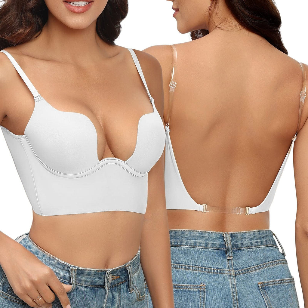 Femme portant un soutien-gorge push-up blanc sans dos, bretelles ajustables, associé à un jean bleu. Lingerie féminine élégante et moderne.