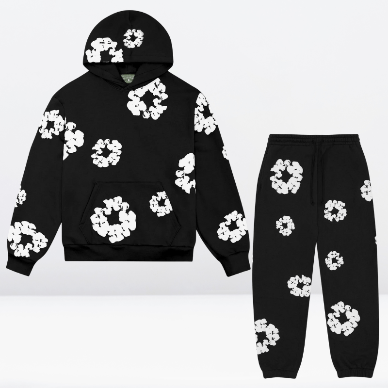 Sweat à capuche et pantalon noirs avec motifs floraux blancs, ensemble streetwear tendance, mode urbaine, vêtements décontractés, style moderne.