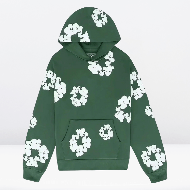Sweat à capuche vert avec motifs floraux blancs, poche kangourou. Mode tendance, vêtement décontracté, style urbain.