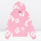 Sweat à capuche rose avec motifs floraux blancs, poche kangourou, manches longues. Mode tendance, vêtement décontracté, style urbain.