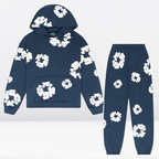 Sweat à capuche et pantalon bleu marine avec motifs floraux blancs, ensemble décontracté tendance, mode streetwear, vêtements confortables.