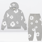 Sweat à capuche et pantalon de jogging gris avec motifs floraux blancs, ensemble décontracté tendance, mode streetwear, vêtements confortables.