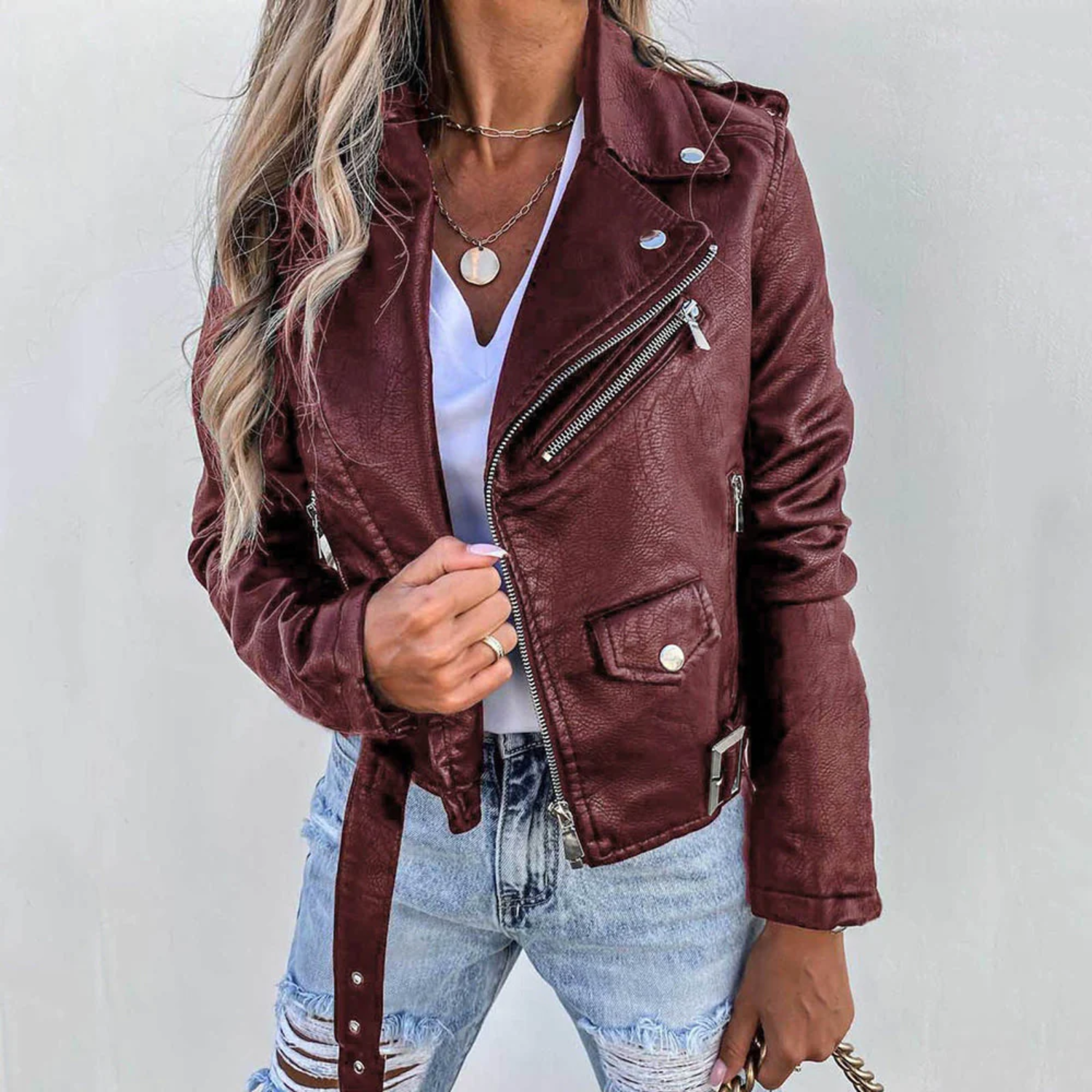 Veste en cuir élégante pour femme, doublée et zippée | Veste de motard luxueuse en noir ou rouge