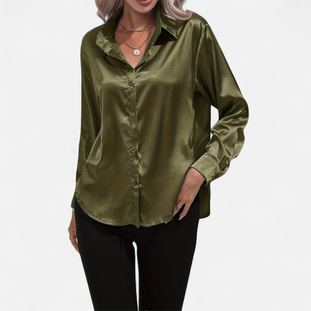 Chemisier boutonné en satin pour femme – Chemise classique à manches longues et revers