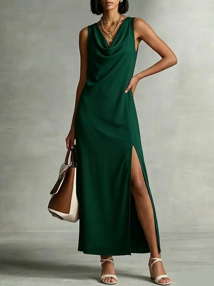 Robe fluide col drapé fendu lin polyester