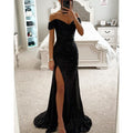 Robe longue de soirée fendue à paillettes et col dénudé - Chic&Shines