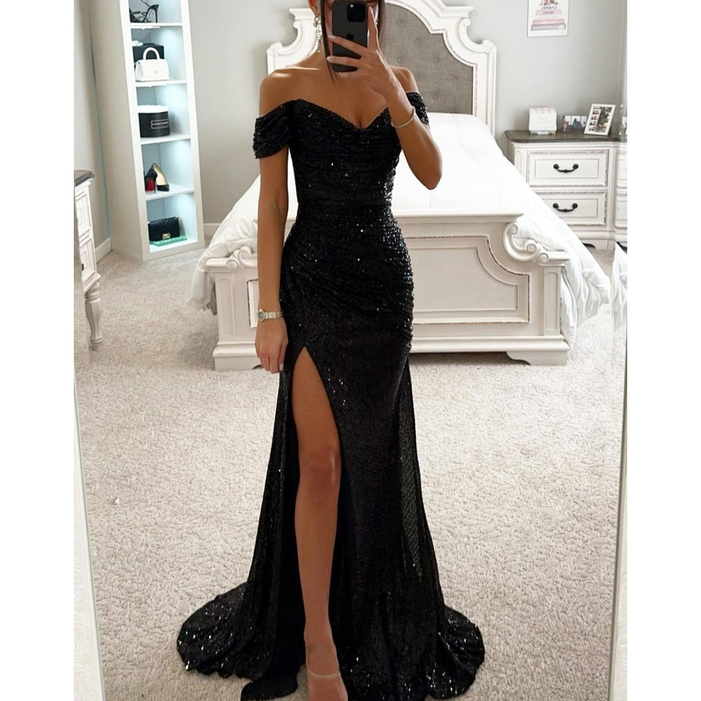 Robe de soirée d'automne pour femmes - robe longue pailletée décolletée avec fente pour le mariage et la fête