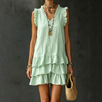 Robe fluide col V volants - Coupe ample midi