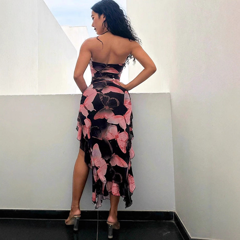 Open-back floral maxi dress with slit