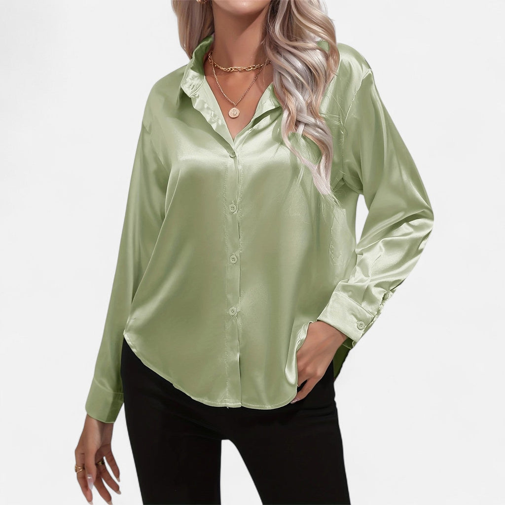 Chemisier boutonné en satin pour femme – Chemise classique à manches longues et revers