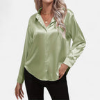 Chemisier boutonné en satin pour femme – Chemise classique à manches longues et revers