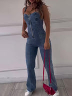 Sleeveless denim jumpsuit with zipper