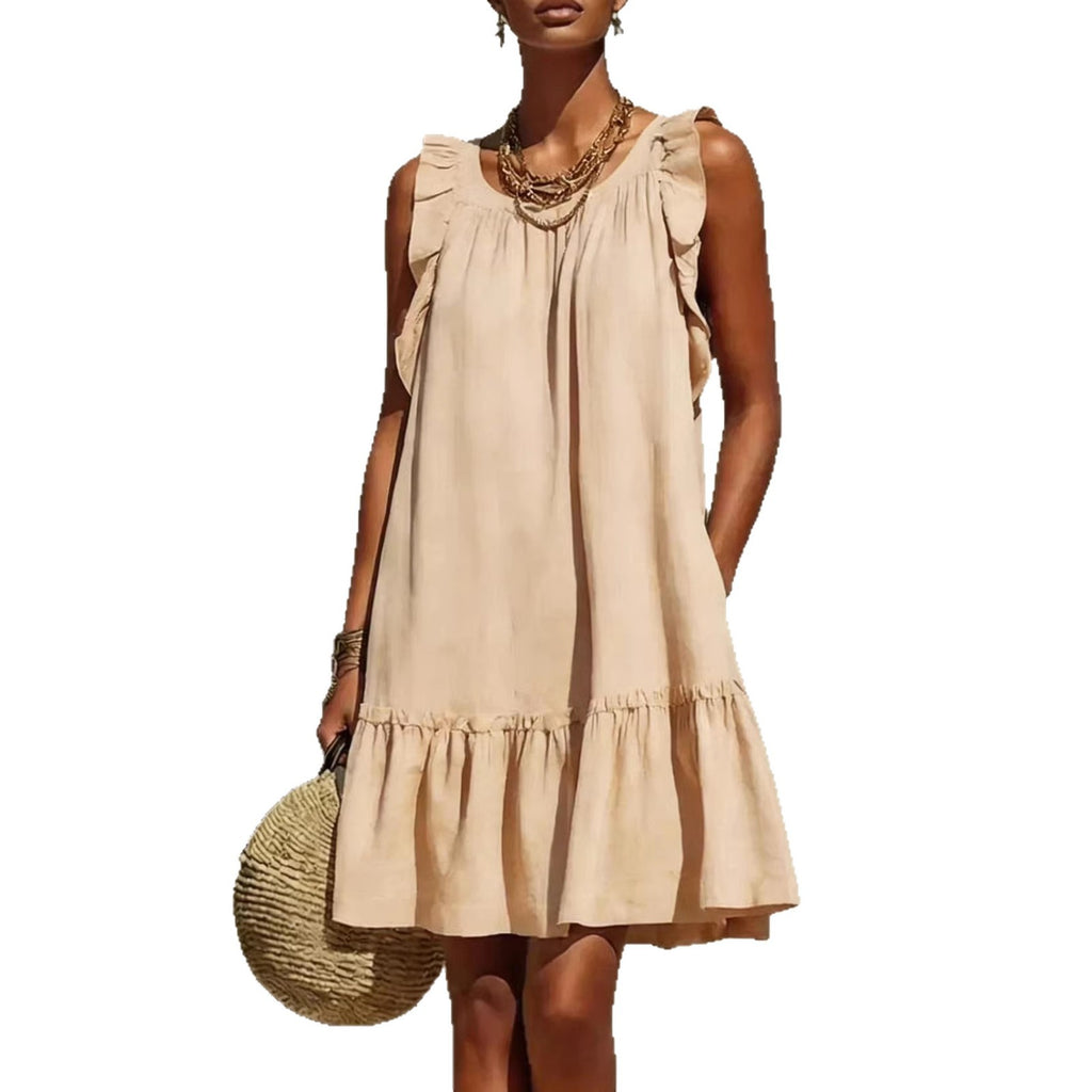 Robe droite sans manches, col rond et volants