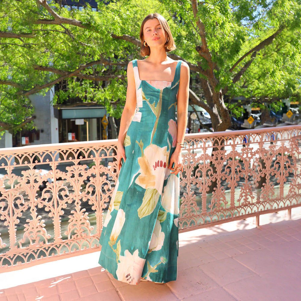 Robe Maxi Imprimée à Taille Marquée