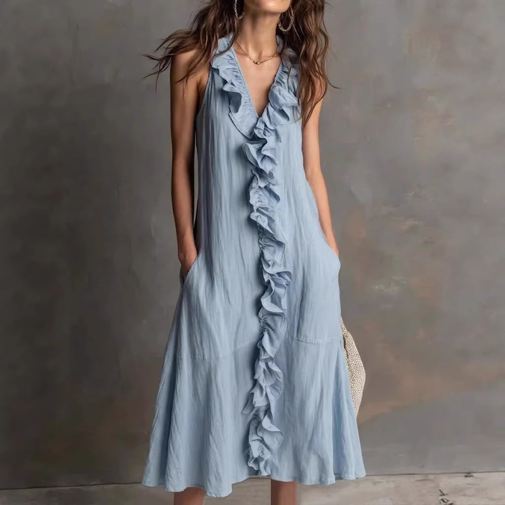 Robe longue lin-coton décolleté V volant