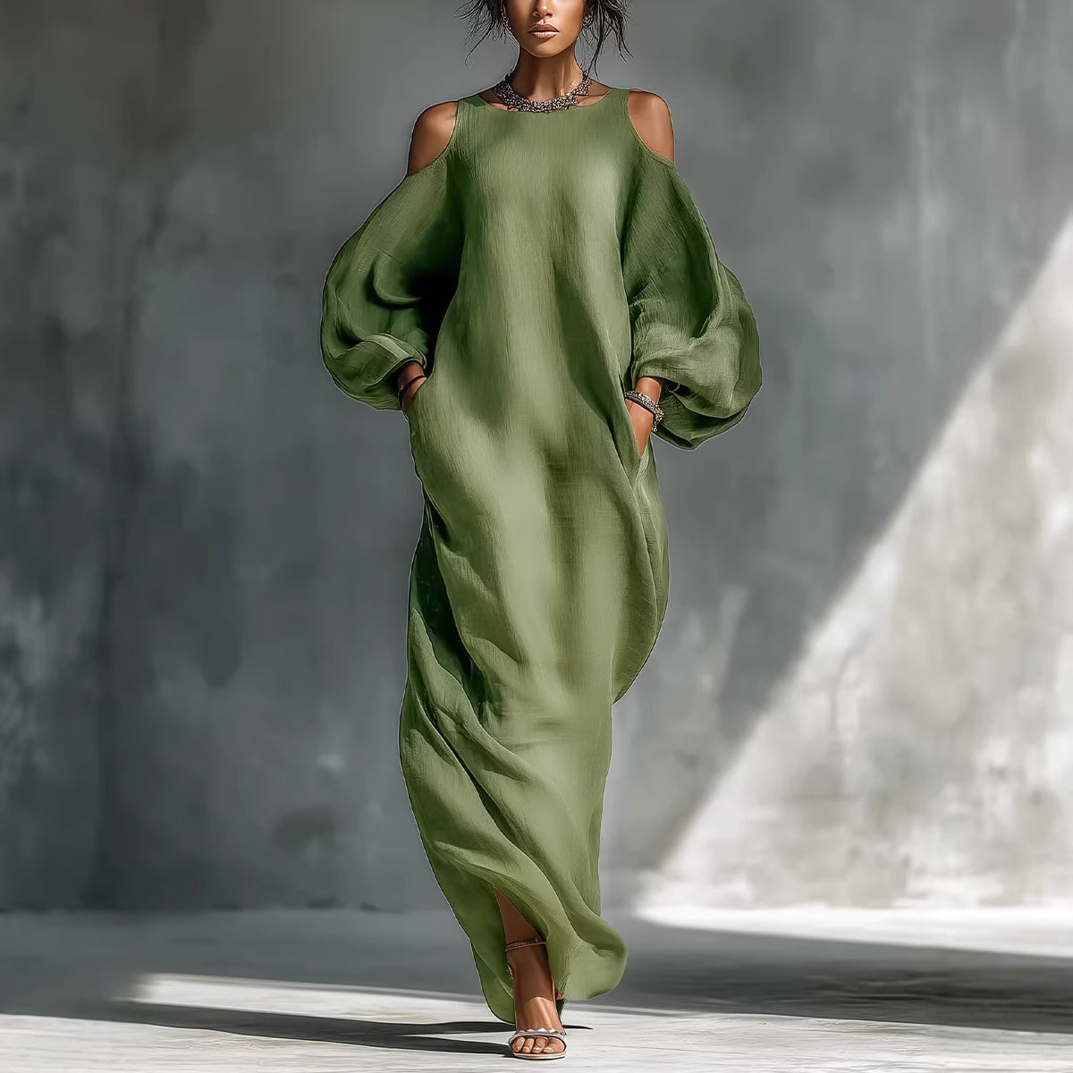 Robe midi épaules dénudées, manches longues et ourlet asymétrique