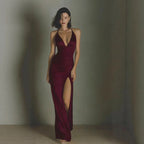 Robe longue satinée élégante — Ceinture noeuds et fente