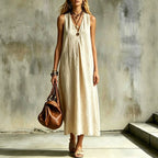 Robe lin-coton col V, ceinture, sans manches