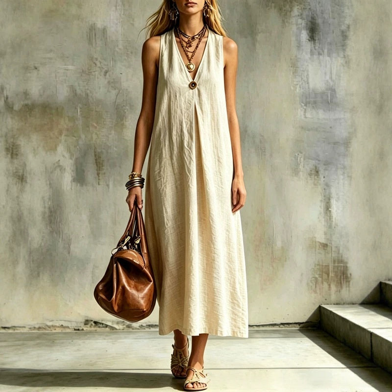 Robe lin-coton col V, ceinture, sans manches